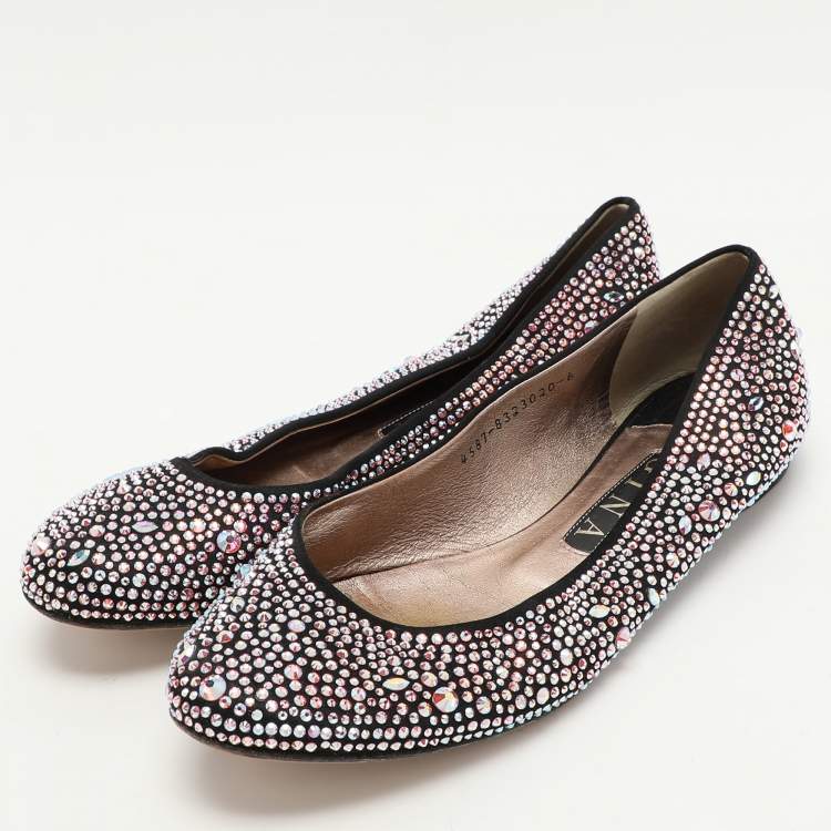 Pre Owned Gina Black Satin Crystal Embellished Ballet Flats Size 39