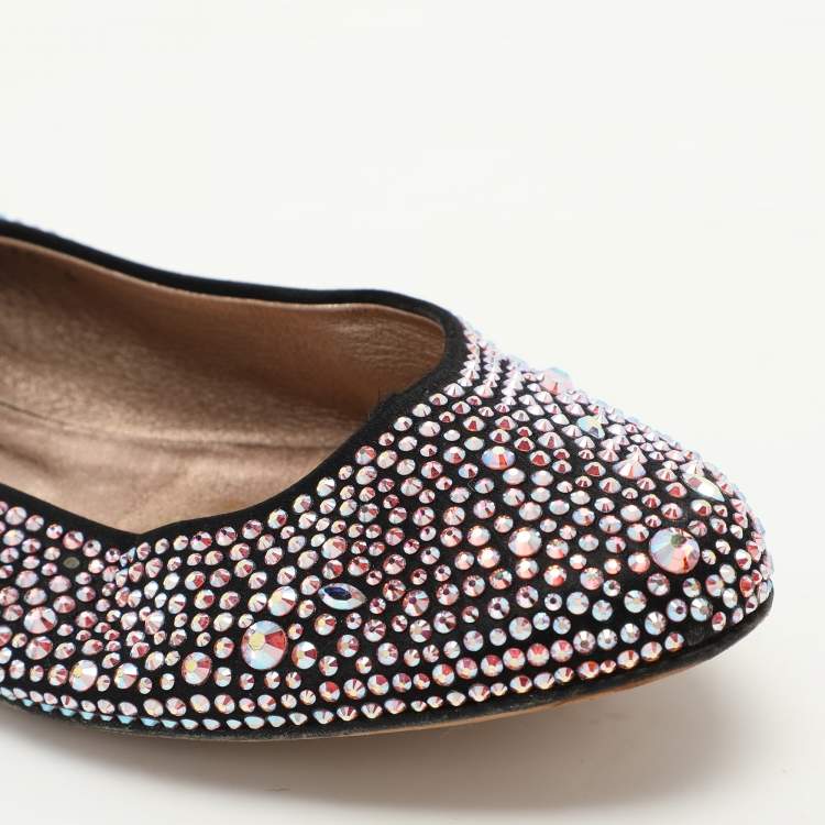 Pre Owned Gina Black Satin Crystal Embellished Ballet Flats Size 39
