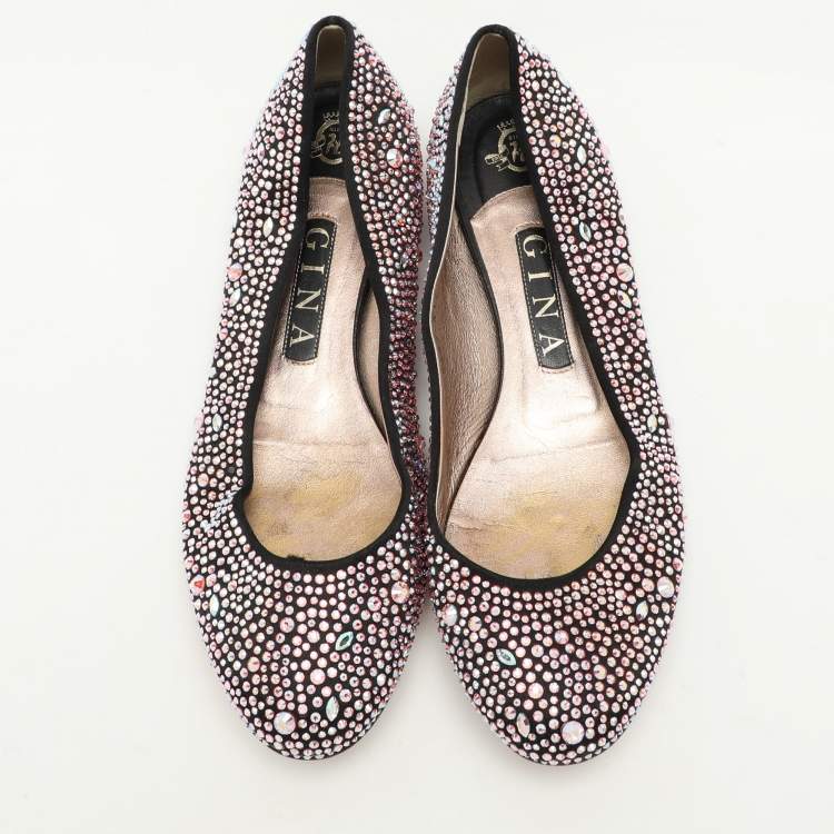 Pre Owned Gina Black Satin Crystal Embellished Ballet Flats Size 39