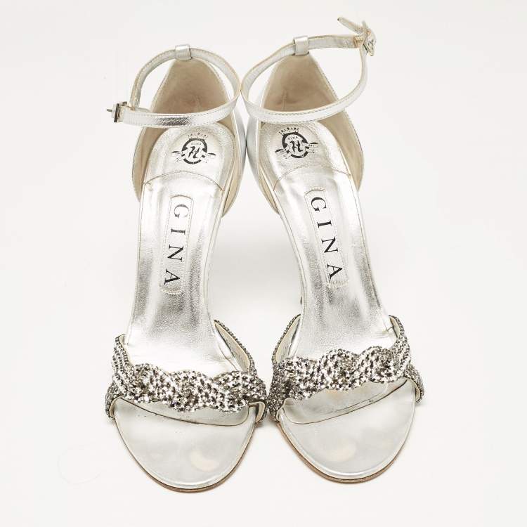 Pre Owned Gina Silver Leather Crystal Embellished Ankle Strap Sandals Size 38.5