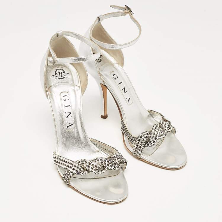 Pre Owned Gina Silver Leather Crystal Embellished Ankle Strap Sandals Size 38.5