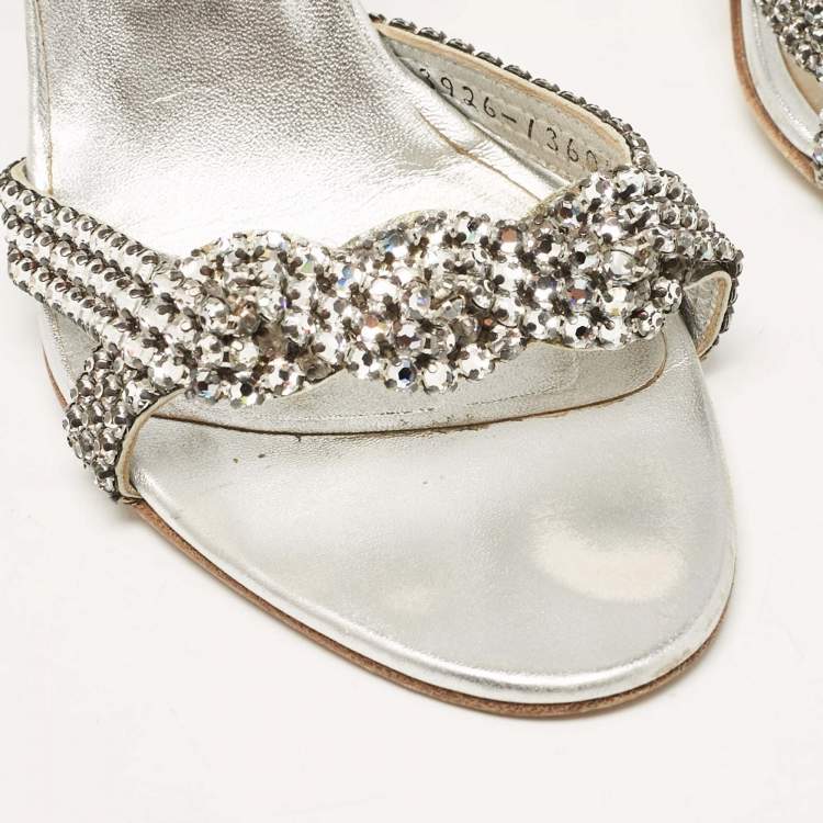 Pre Owned Gina Silver Leather Crystal Embellished Ankle Strap Sandals Size 38.5
