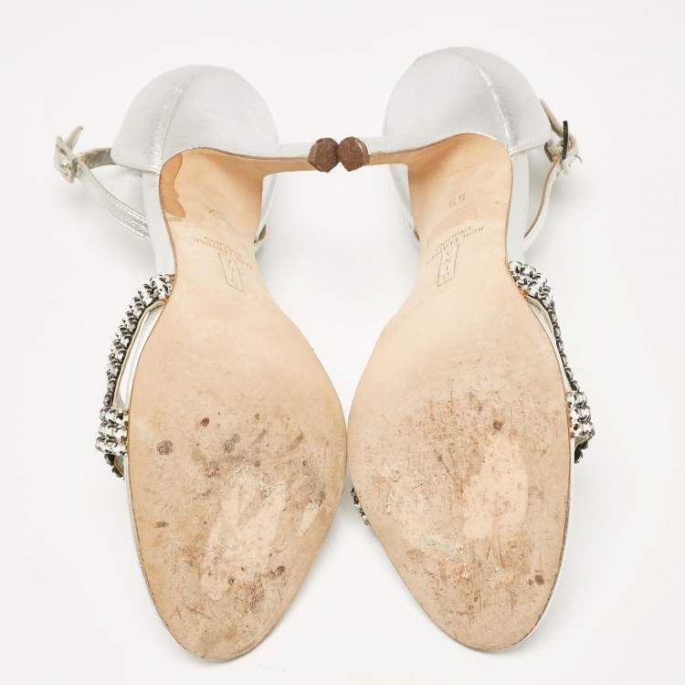 Pre Owned Gina Silver Leather Crystal Embellished Ankle Strap Sandals Size 38.5