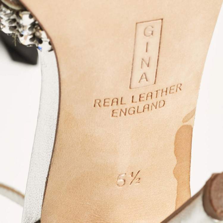 Pre Owned Gina Silver Leather Crystal Embellished Ankle Strap Sandals Size 38.5