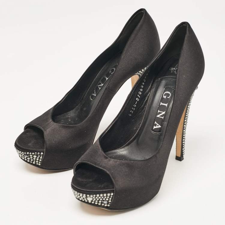 Pre Owned Gina Black Satin Crystal Embellished Peep Toe Pumps Size 37.5