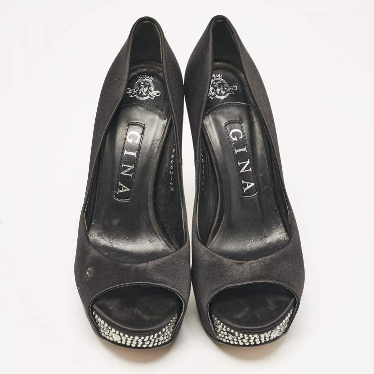 Pre Owned Gina Black Satin Crystal Embellished Peep Toe Pumps Size 37.5
