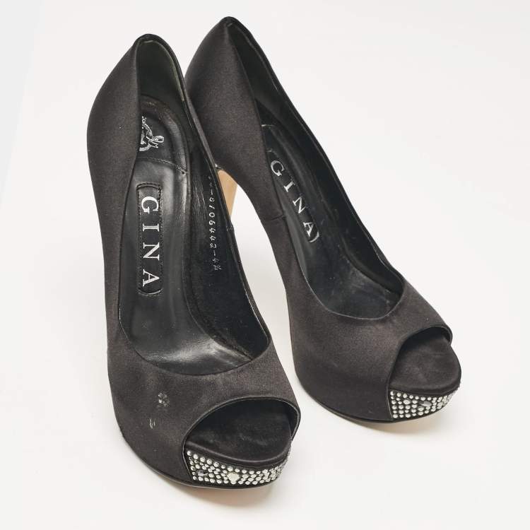 Pre Owned Gina Black Satin Crystal Embellished Peep Toe Pumps Size 37.5