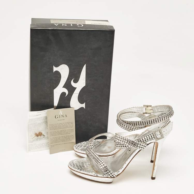 Pre Owned Gina Grey Leather Crystal Embellished Ankle Strap Sandals Size 40