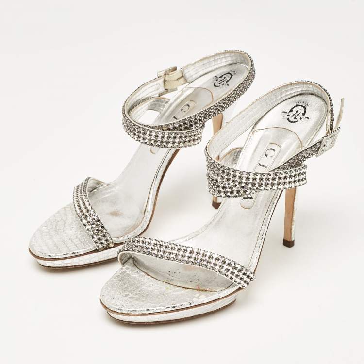 Pre Owned Gina Grey Leather Crystal Embellished Ankle Strap Sandals Size 40