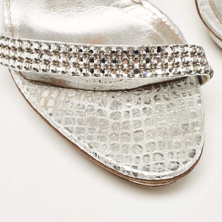 Pre Owned Gina Grey Leather Crystal Embellished Ankle Strap Sandals Size 40