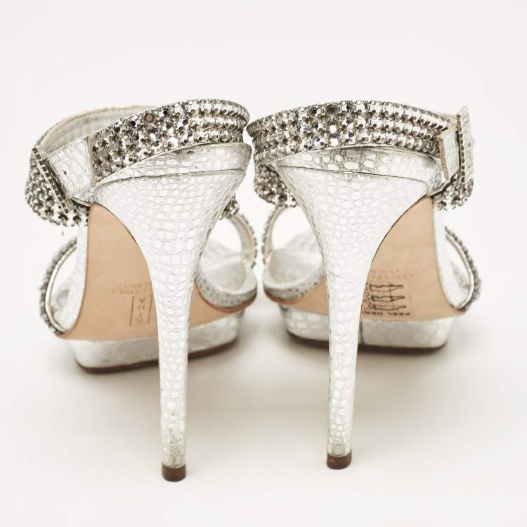Pre Owned Gina Grey Leather Crystal Embellished Ankle Strap Sandals Size 40