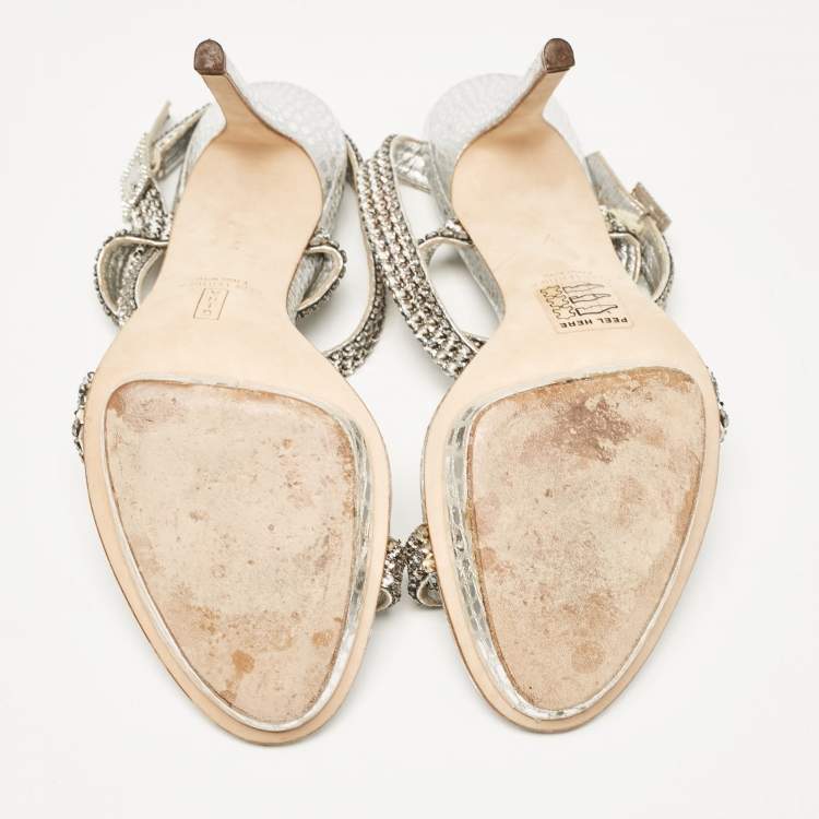 Pre Owned Gina Grey Leather Crystal Embellished Ankle Strap Sandals Size 40