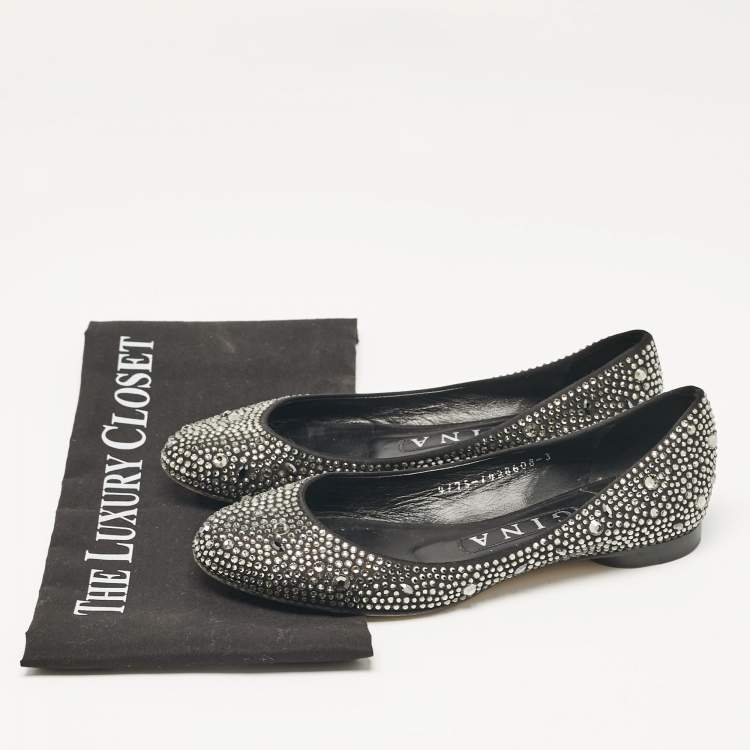 Pre Owned Gina Black Crystal Embellished Satin Ballet Flats Size 36