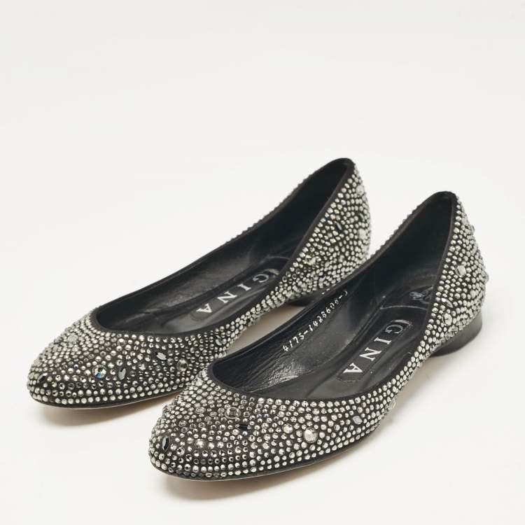 Pre Owned Gina Black Crystal Embellished Satin Ballet Flats Size 36