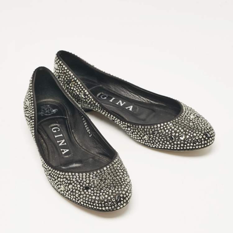 Pre Owned Gina Black Crystal Embellished Satin Ballet Flats Size 36