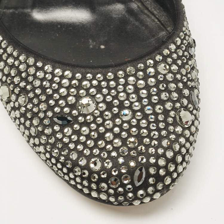 Pre Owned Gina Black Crystal Embellished Satin Ballet Flats Size 36