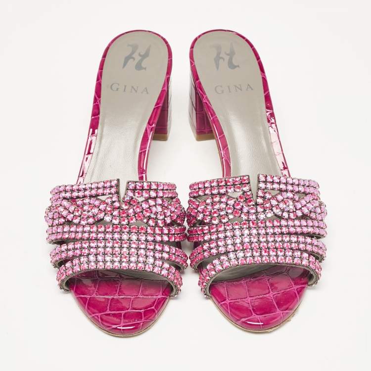 Pre Owned Gina Purple Crystal Embellished Leather Slide Sandals Size 38