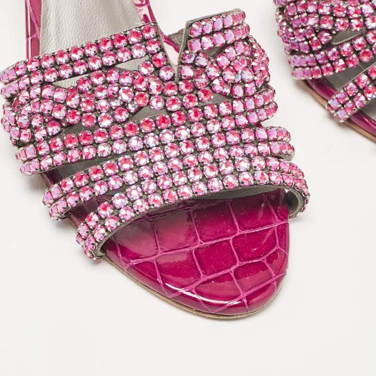 Pre Owned Gina Purple Crystal Embellished Leather Slide Sandals Size 38