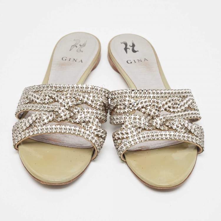 Pre Owned Gina Silver Leather Crystal Embellished Leather Loren Flat Sandals Size 41.5