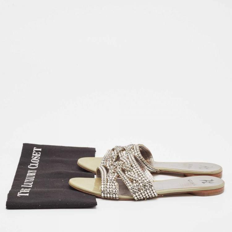 Pre Owned Gina Silver Leather Crystal Embellished Leather Loren Flat Sandals Size 41.5