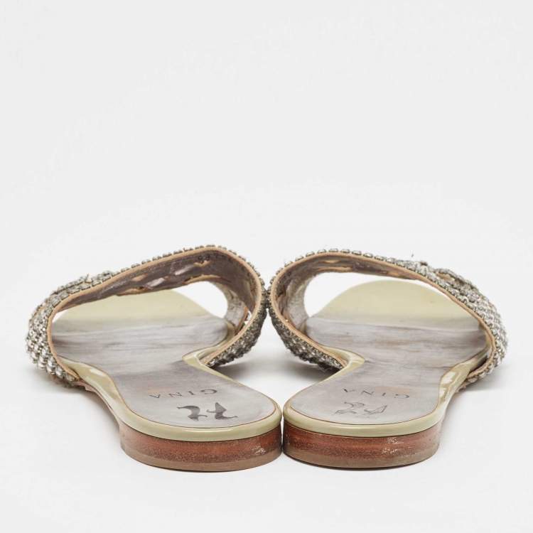 Pre Owned Gina Silver Leather Crystal Embellished Leather Loren Flat Sandals Size 41.5