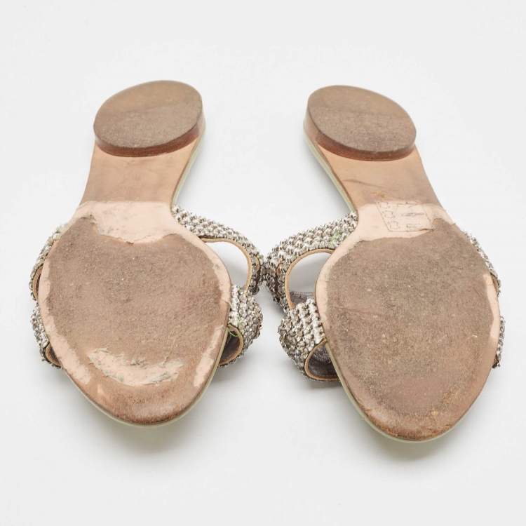 Pre Owned Gina Silver Leather Crystal Embellished Leather Loren Flat Sandals Size 41.5