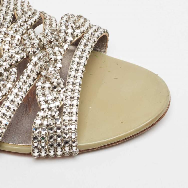 Pre Owned Gina Silver Leather Crystal Embellished Leather Loren Flat Sandals Size 41.5