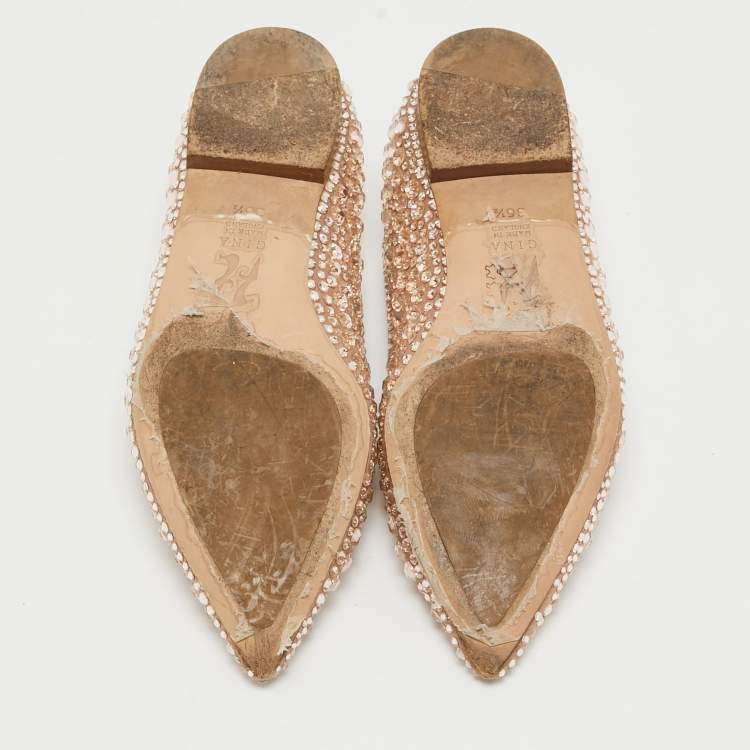 Pre Owned Gina Beige Satin Crystal Embellished Ballet Flats Size 36.5