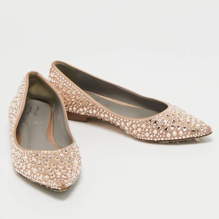 Pre Owned Gina Beige Satin Crystal Embellished Ballet Flats Size 36.5