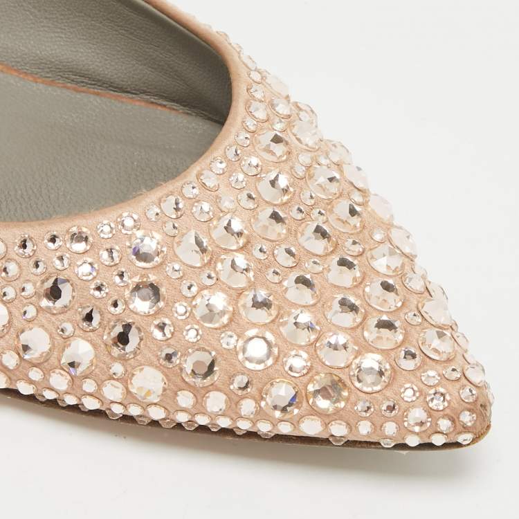 Pre Owned Gina Beige Satin Crystal Embellished Ballet Flats Size 36.5