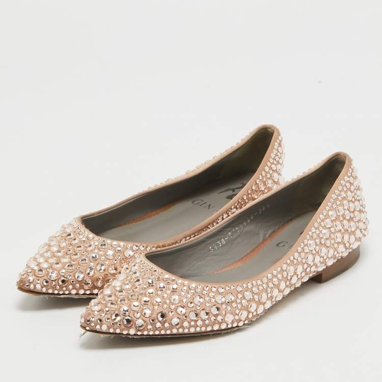 Pre Owned Gina Beige Satin Crystal Embellished Ballet Flats Size 36.5