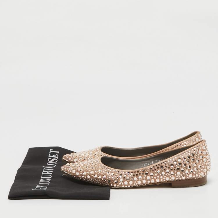 Pre Owned Gina Beige Satin Crystal Embellished Ballet Flats Size 36.5