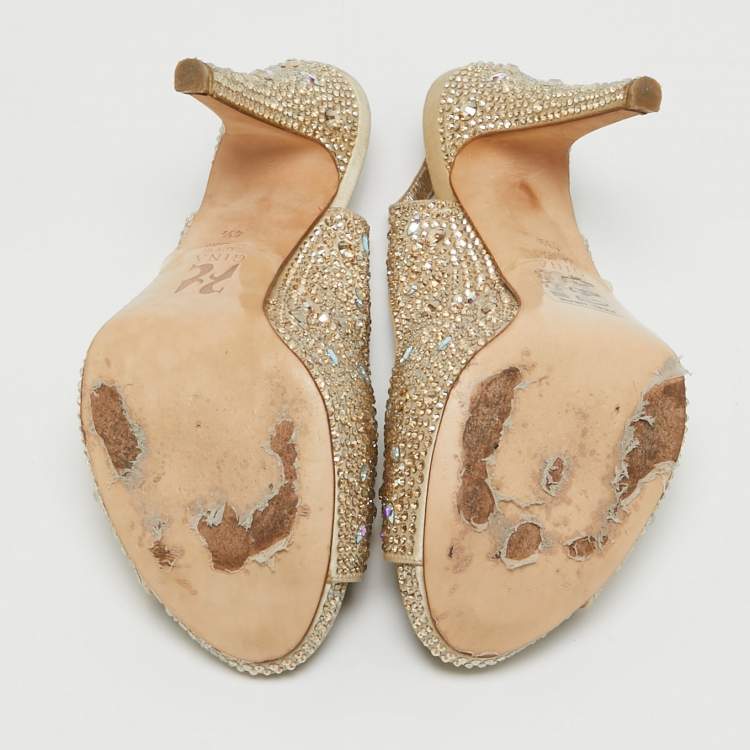 Pre Owned Gina Gold Crystal Embellished Satin Slingback Sandals Size 37.5