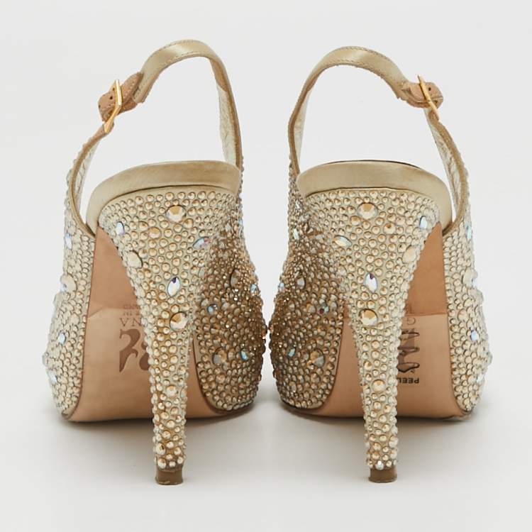 Pre Owned Gina Gold Crystal Embellished Satin Slingback Sandals Size 37.5