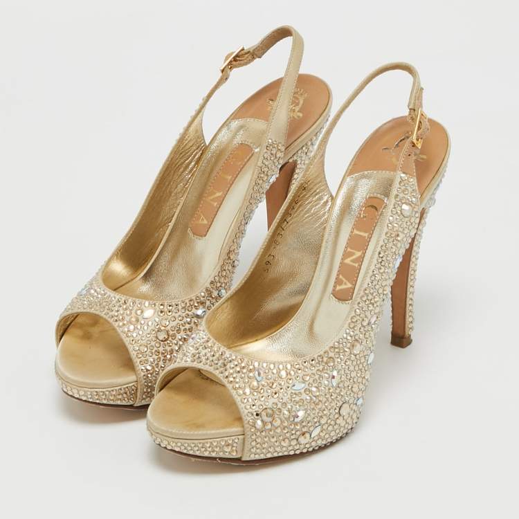 Pre Owned Gina Gold Crystal Embellished Satin Slingback Sandals Size 37.5