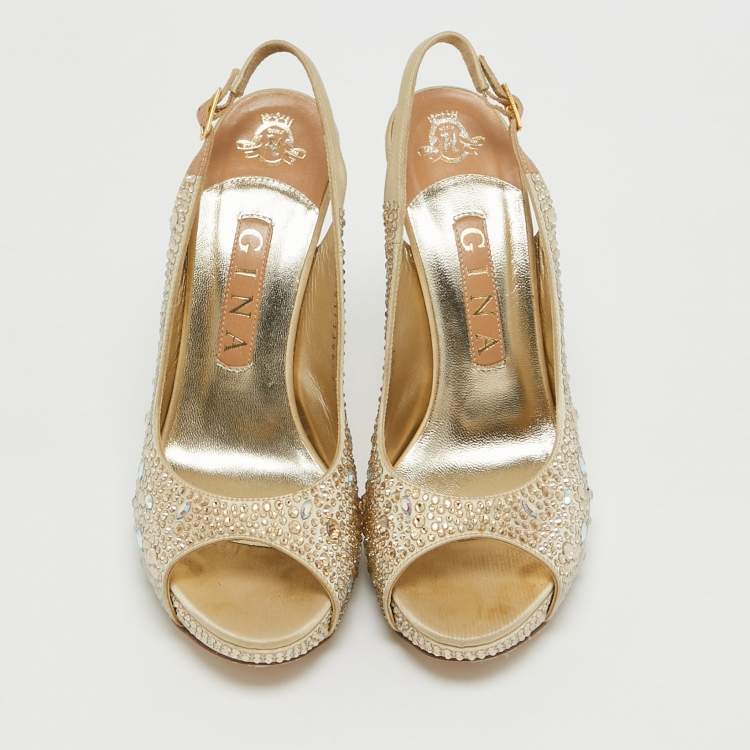Pre Owned Gina Gold Crystal Embellished Satin Slingback Sandals Size 37.5