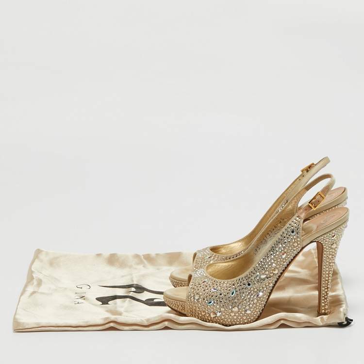 Pre Owned Gina Gold Crystal Embellished Satin Slingback Sandals Size 37.5