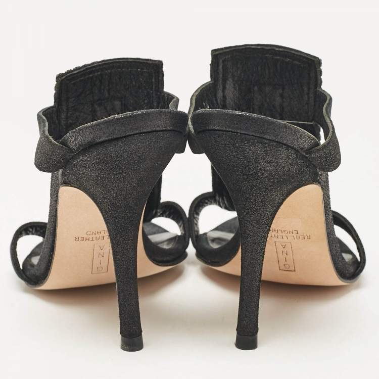 Pre Owned Gina Black Nubuck Leather Crystal Embellished Slide Sandals Size 36.5