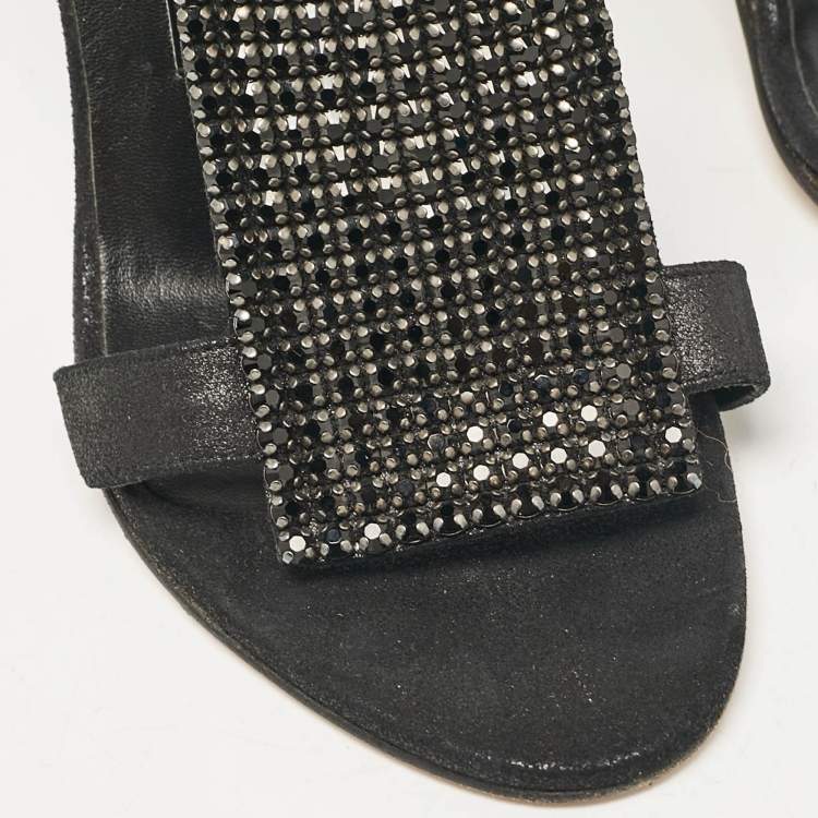 Pre Owned Gina Black Nubuck Leather Crystal Embellished Slide Sandals Size 36.5