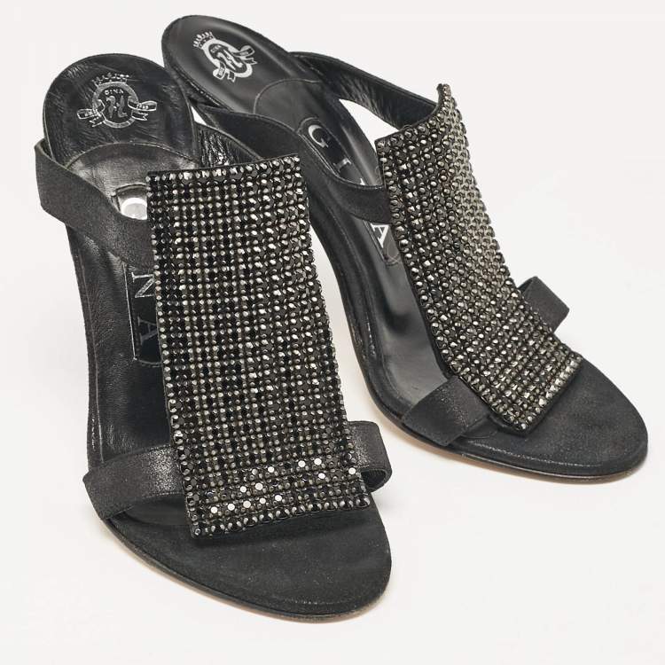 Pre Owned Gina Black Nubuck Leather Crystal Embellished Slide Sandals Size 36.5