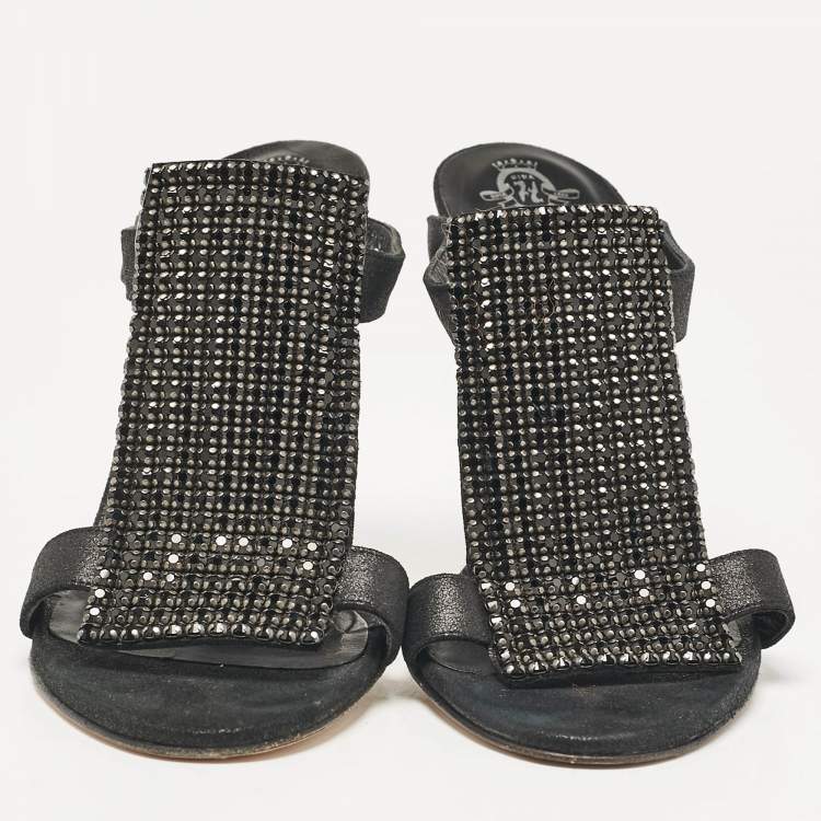 Pre Owned Gina Black Nubuck Leather Crystal Embellished Slide Sandals Size 36.5