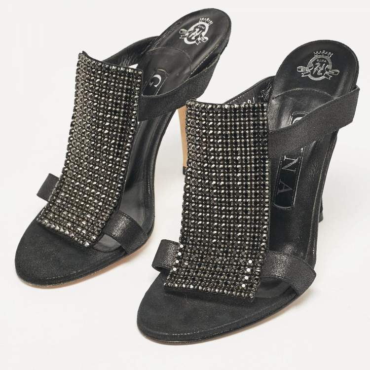 Pre Owned Gina Black Nubuck Leather Crystal Embellished Slide Sandals Size 36.5
