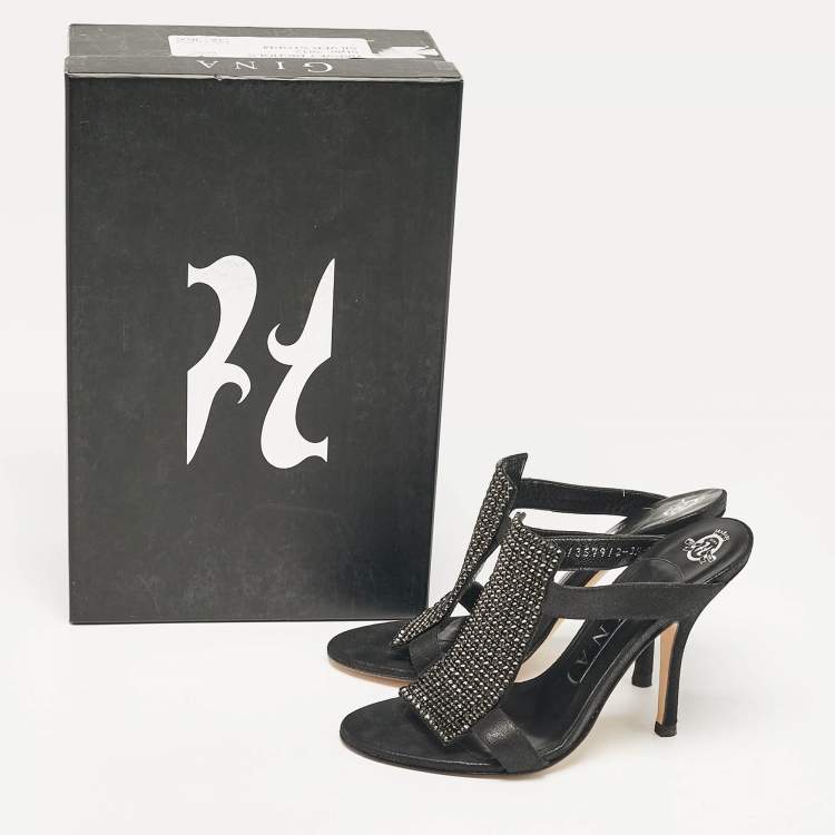 Pre Owned Gina Black Nubuck Leather Crystal Embellished Slide Sandals Size 36.5