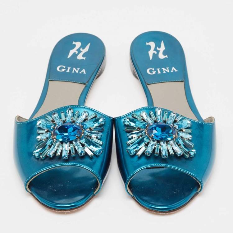 مملوكة مسبقًا Gina Blue Leather Crystal Embellished Flat Sandals Size 37