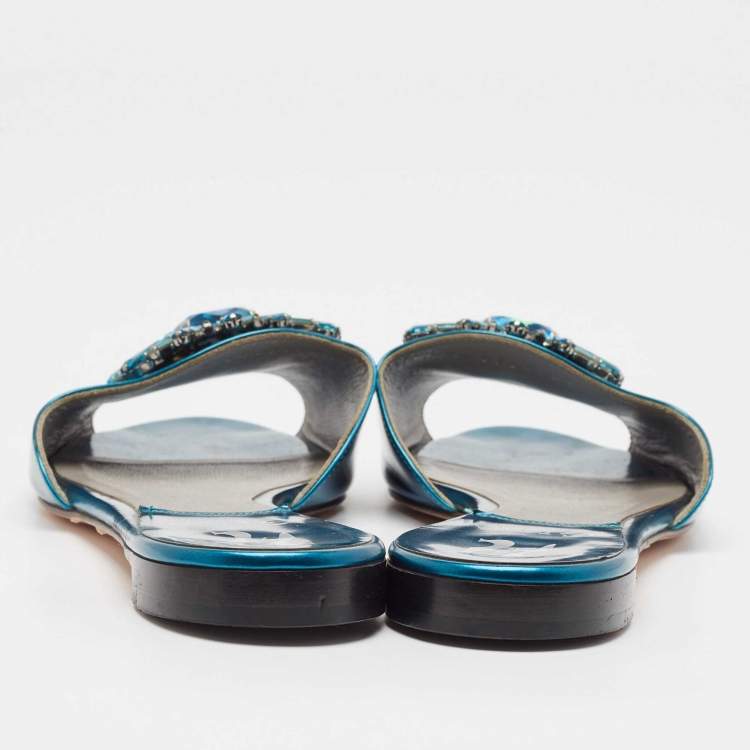 مملوكة مسبقًا Gina Blue Leather Crystal Embellished Flat Sandals Size 37