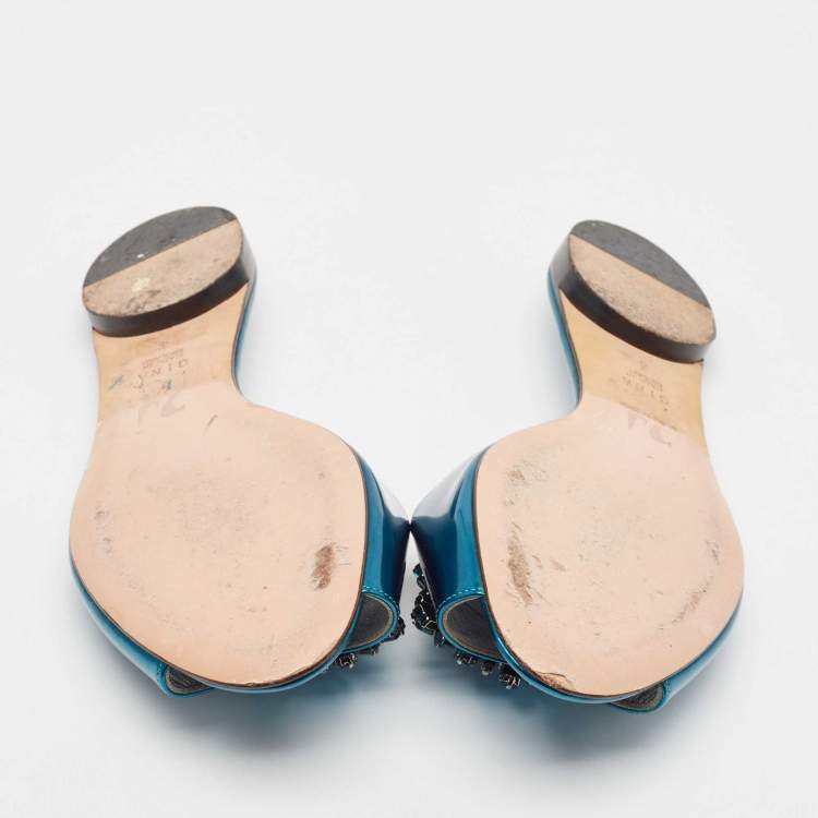 مملوكة مسبقًا Gina Blue Leather Crystal Embellished Flat Sandals Size 37