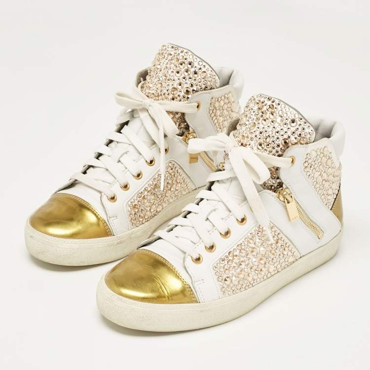 Pre Owned Gina White/Gold Leather Crystal Embellished High Top Sneakers Size 39