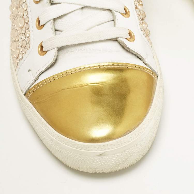 Pre Owned Gina White/Gold Leather Crystal Embellished High Top Sneakers Size 39