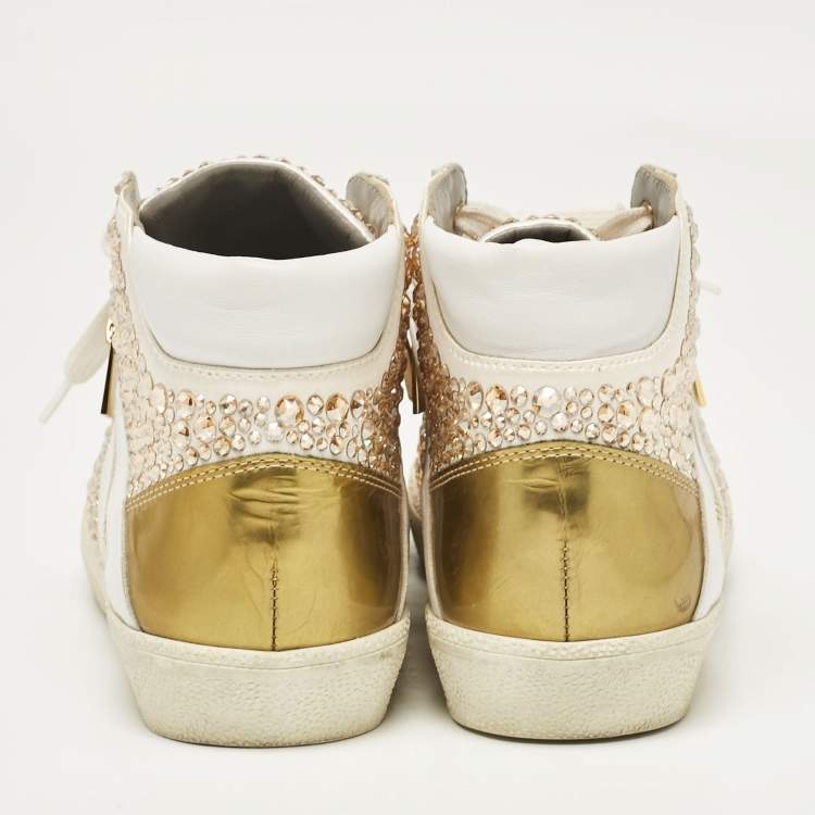 Pre Owned Gina White/Gold Leather Crystal Embellished High Top Sneakers Size 39