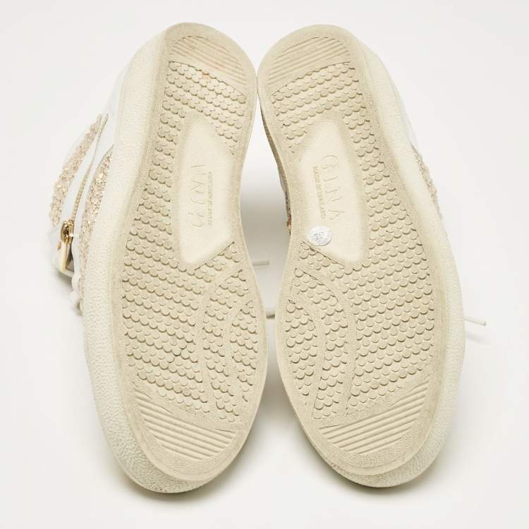 Pre Owned Gina White/Gold Leather Crystal Embellished High Top Sneakers Size 39